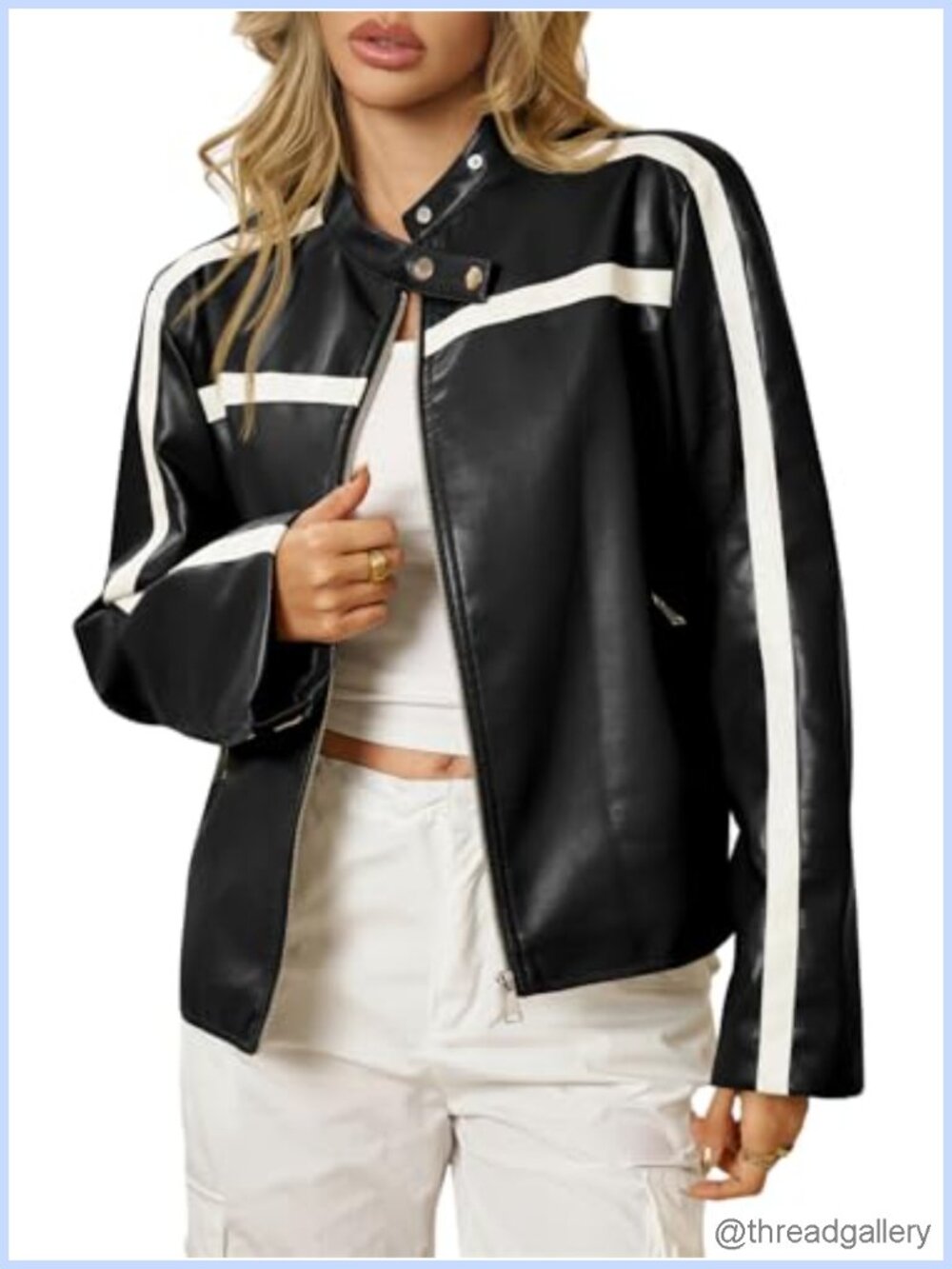 Womens Faux Leather Bomber Jacket Zip Up Color Block Moto Biker Coat Vintage